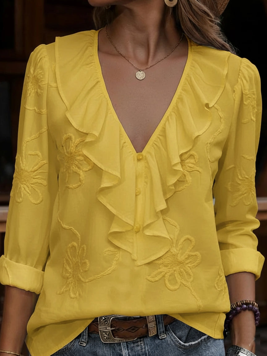 Rosmielle | Women's Vintage Floral V-Neck Blouse with Elegant Frill Details 5