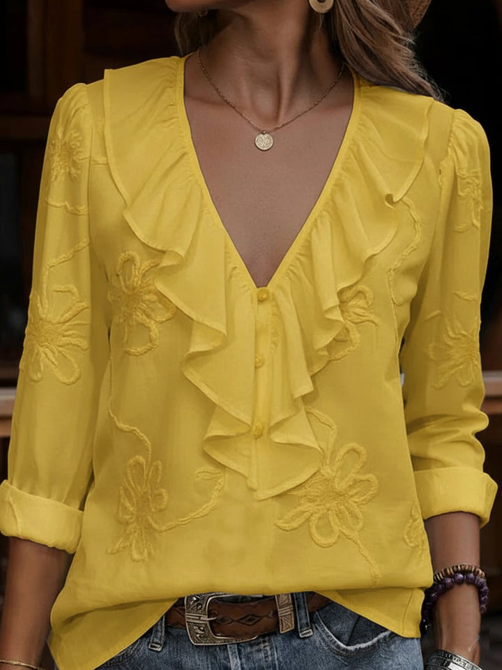 Rosmielle | Women's Vintage Floral V-Neck Blouse with Elegant Frill Details 5