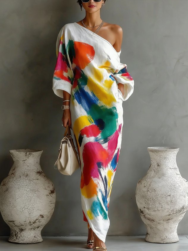 Artelisse | Women's Abstract Print One-Shoulder Maxi Dress – Elegant Flowing Occasion Dress 2