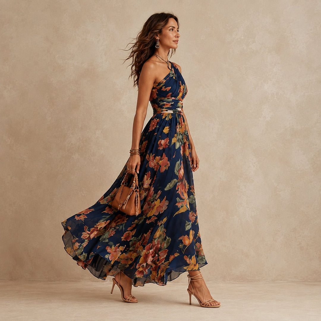 Floravina | Women's Elegant One-Shoulder Floral Maxi Dress
