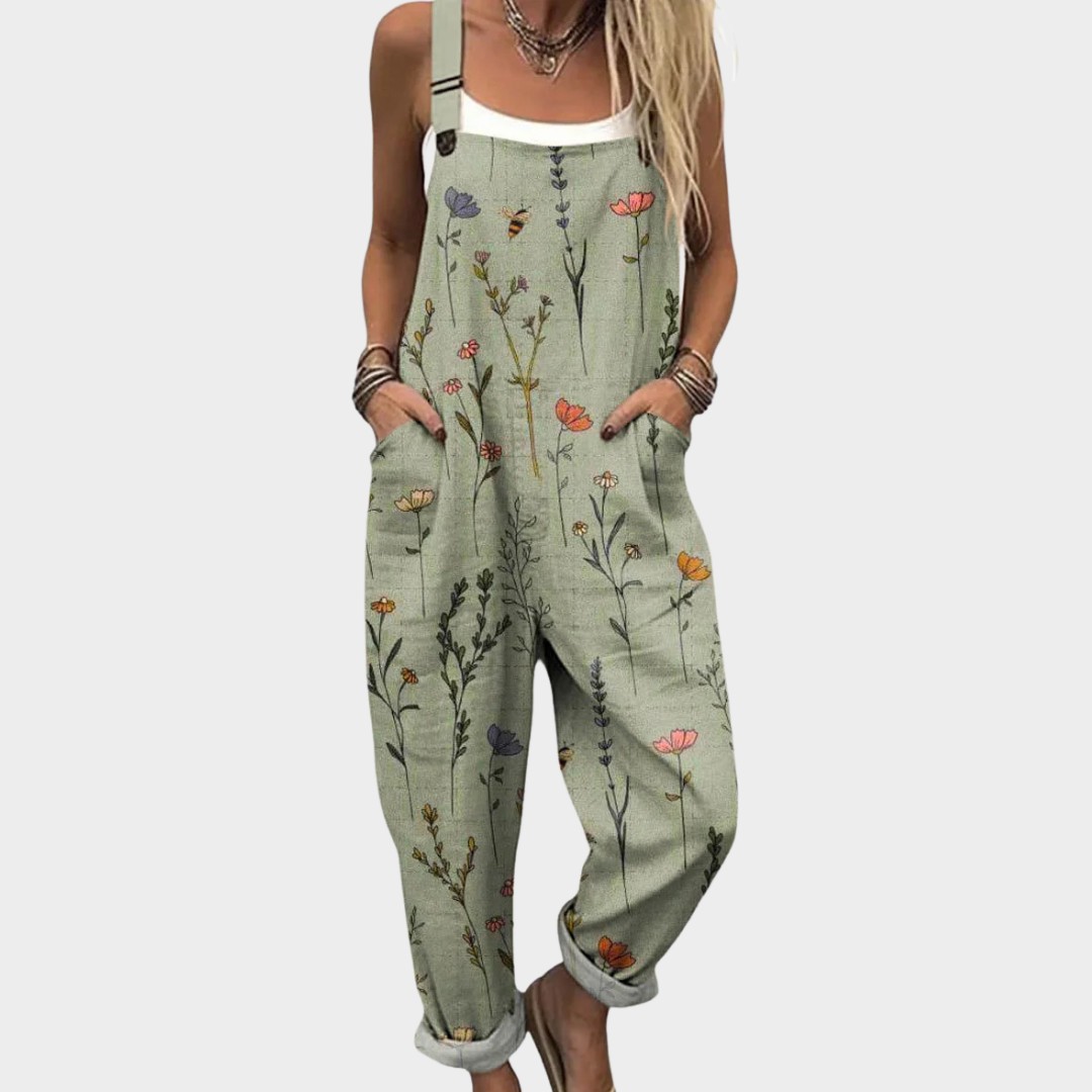Meadowlisse | Women's Sage Green Floral Dungarees – Relaxed Fit Adjustable Strap Overalls 1