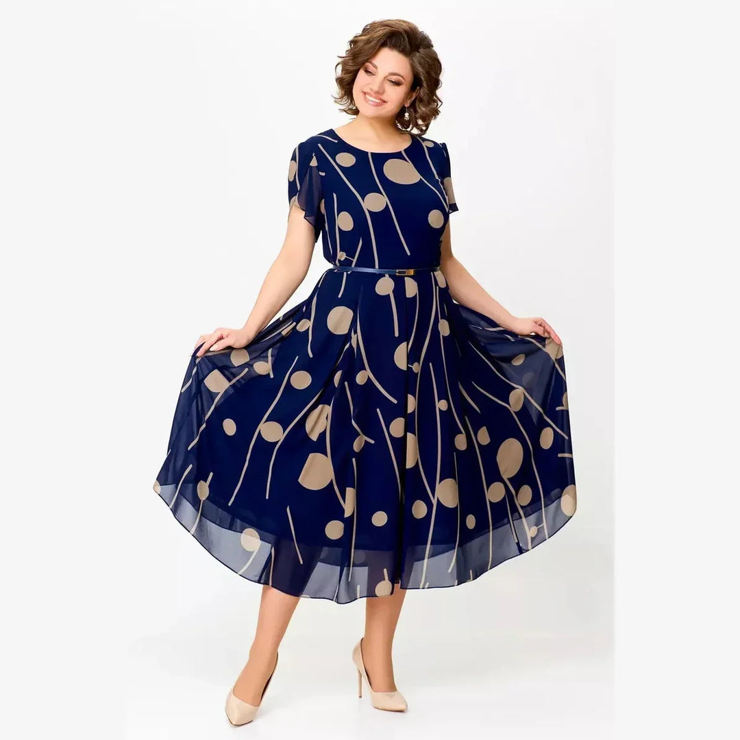Vionelle | Women's Elegant Navy Polka Dot Midi Dress – Flowy Relaxed Fit 1