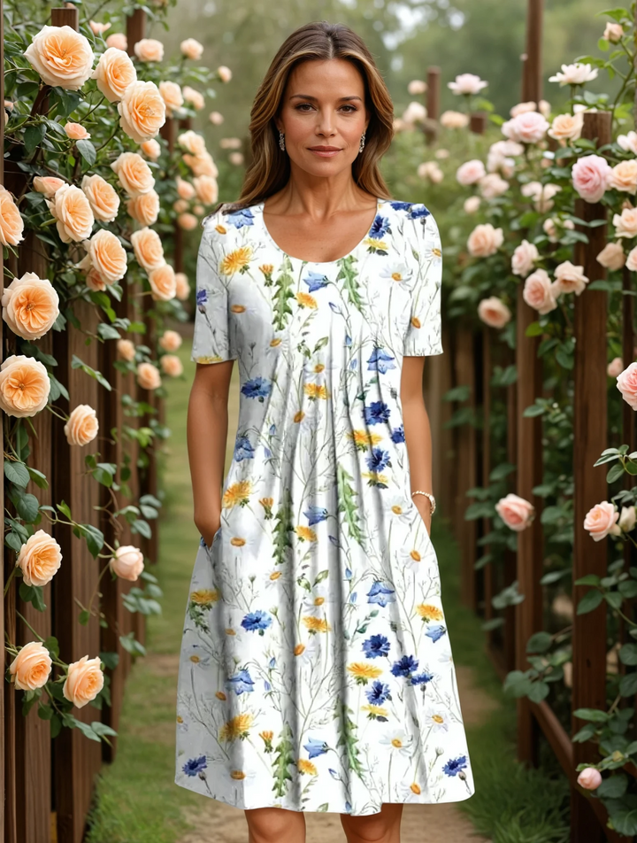 Mirelora | Women's Elegant Pleated A-Line Midi Dress with Pockets 2