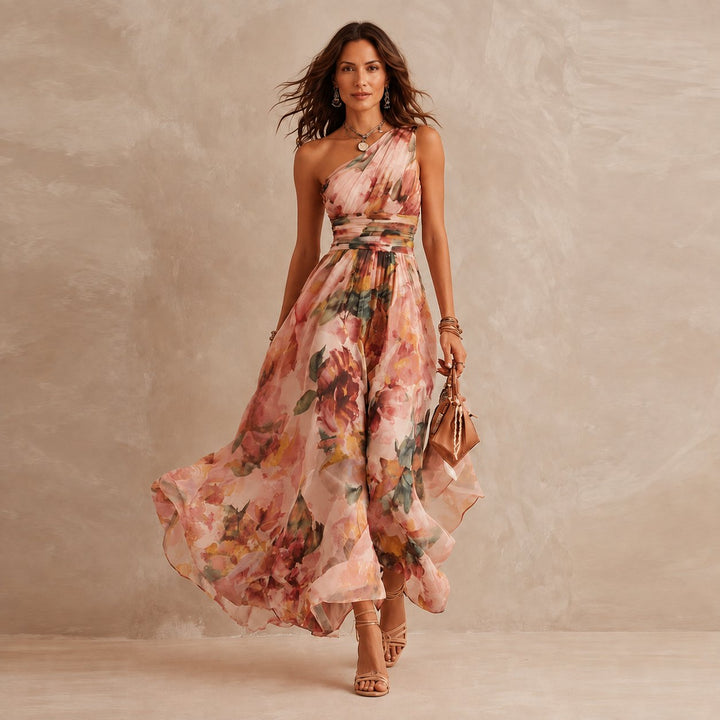 Floravina | Women's Elegant One-Shoulder Floral Maxi Dress