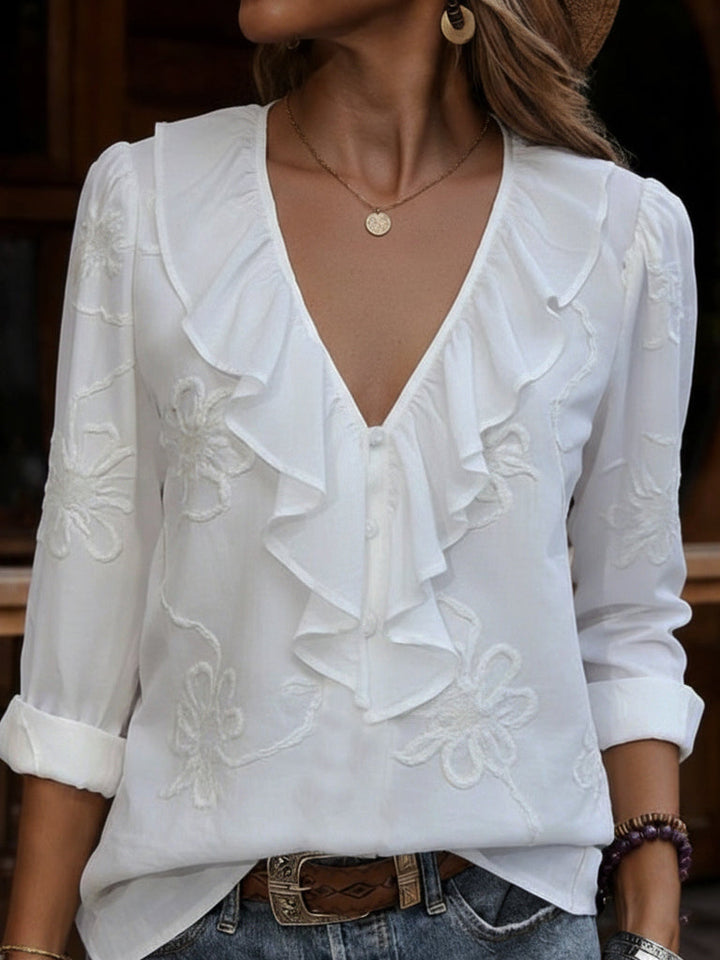 Rosmielle | Women's Vintage Floral V-Neck Blouse with Elegant Frill Details 1