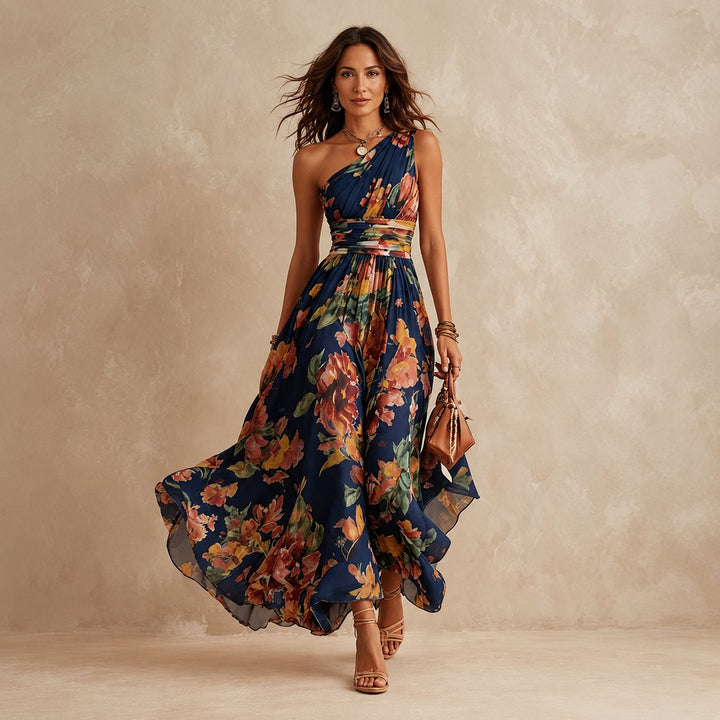 Floravina | Women's Elegant One-Shoulder Floral Maxi Dress