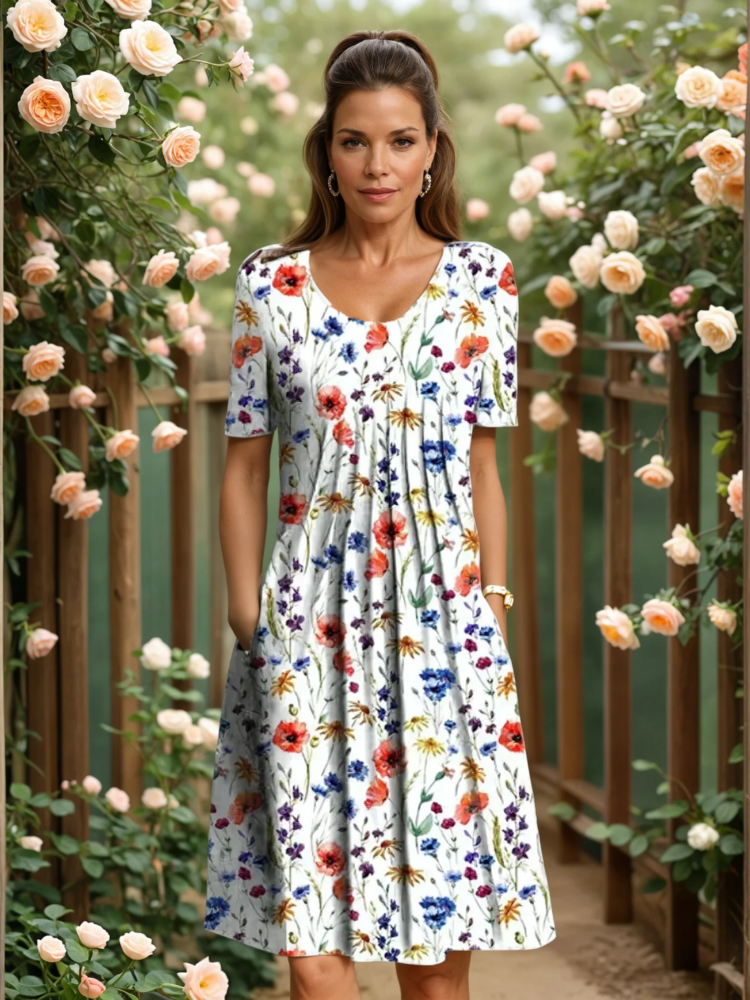 Mirelora | Women's Elegant Pleated A-Line Midi Dress with Pockets 1