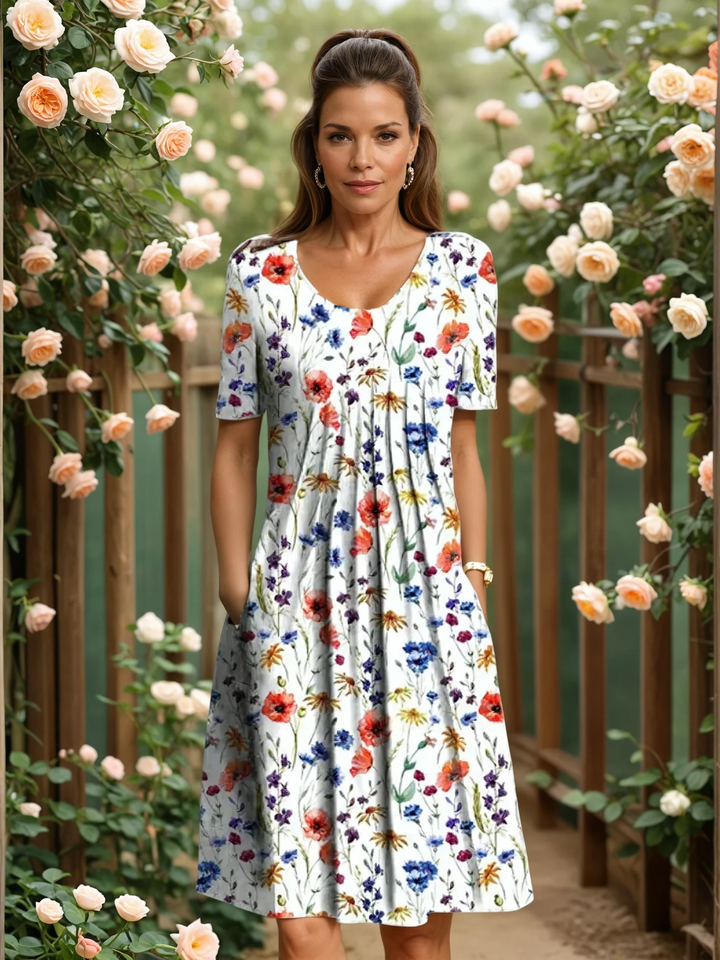 Mirelora | Women's Elegant Pleated A-Line Midi Dress with Pockets 1