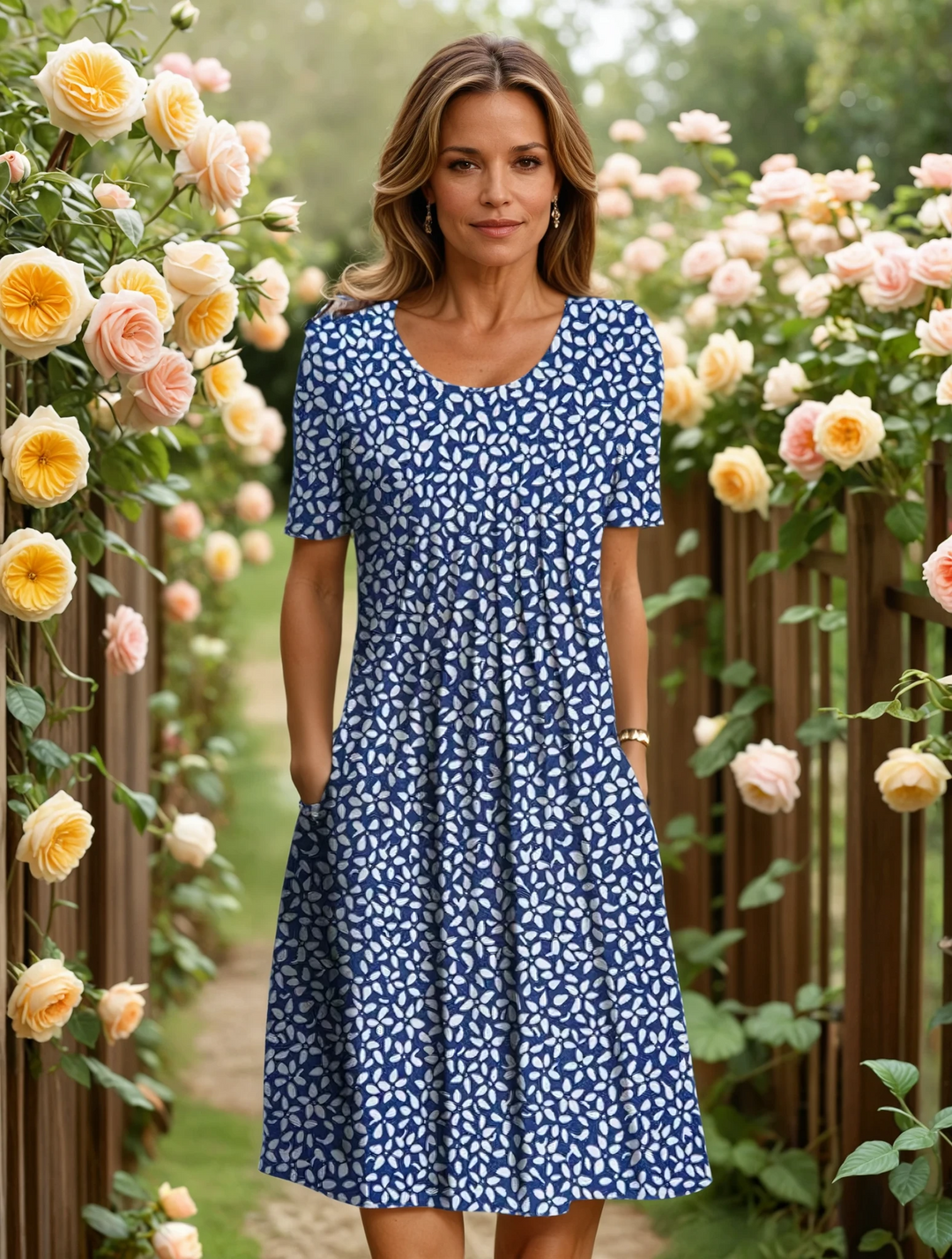 Mirelora | Women's Elegant Pleated A-Line Midi Dress with Pockets 4