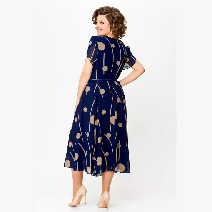 Vionelle | Women's Elegant Navy Polka Dot Midi Dress – Flowy Relaxed Fit 2