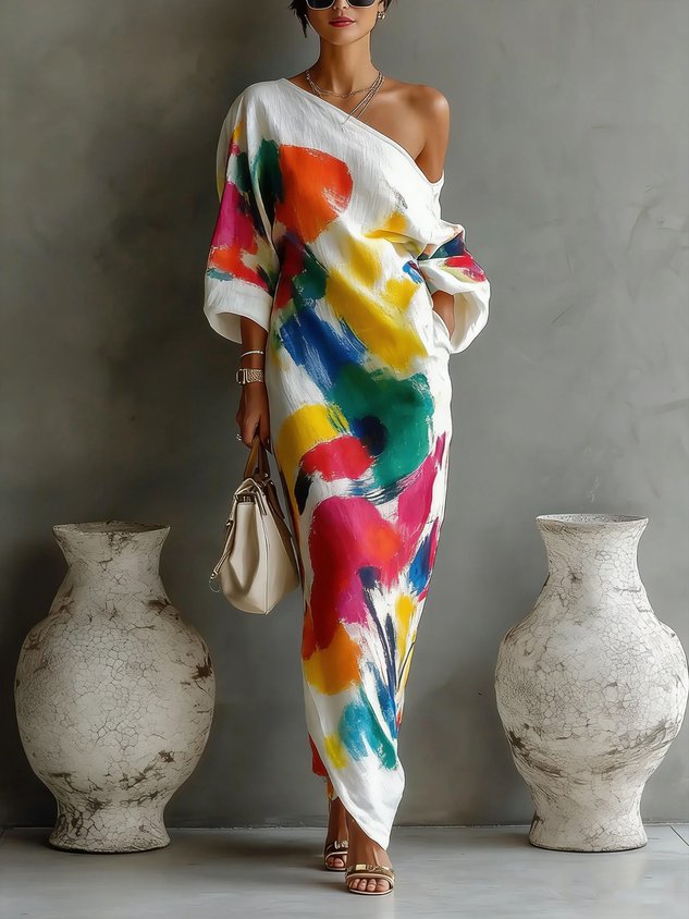 Artelisse | Women's Abstract Print One-Shoulder Maxi Dress – Elegant Flowing Occasion Dress 1