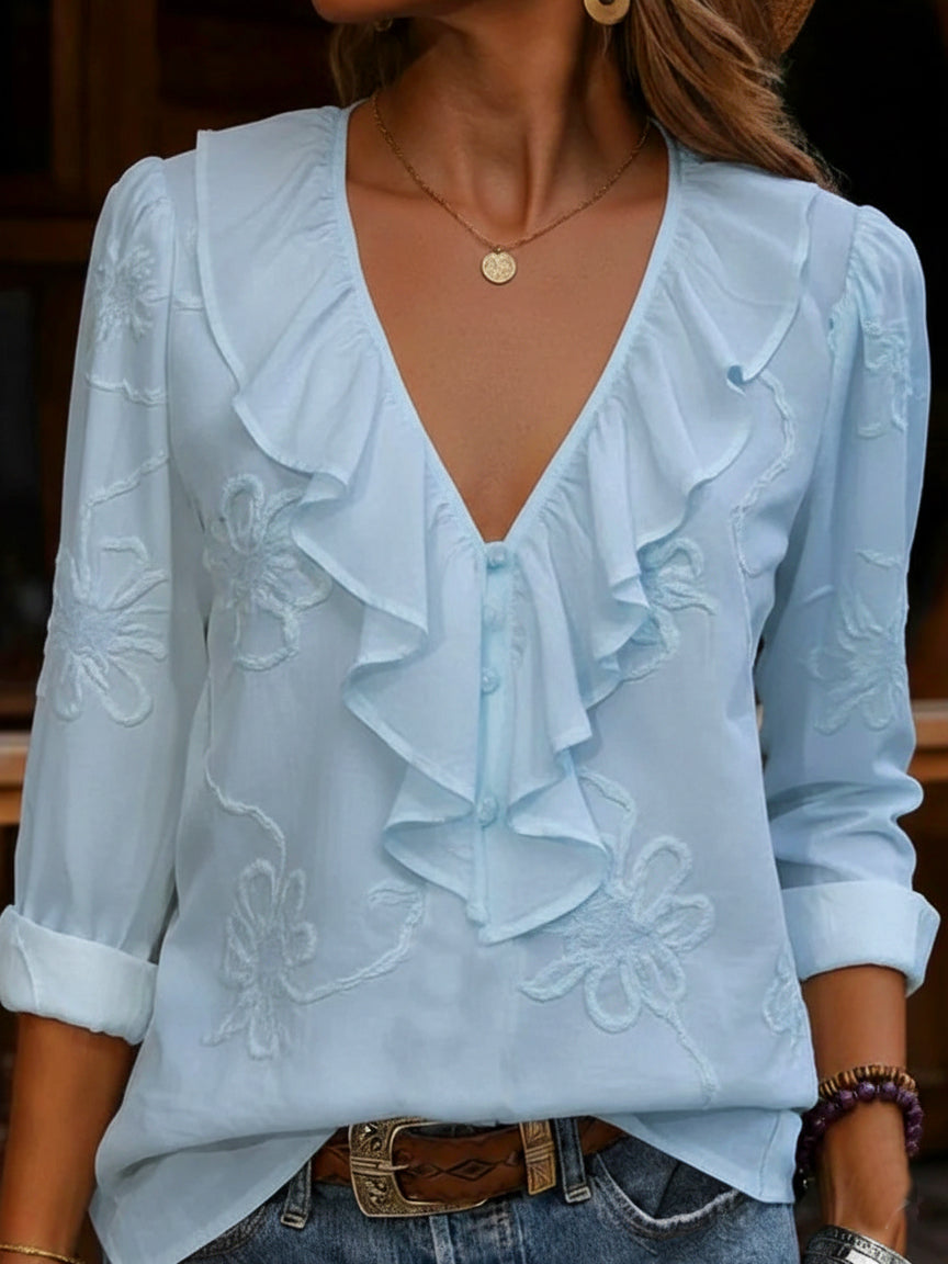 Rosmielle | Women's Vintage Floral V-Neck Blouse with Elegant Frill Details 4