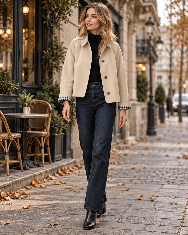 Corvienne | Women’s Cropped Trench Coat with Plaid Lining