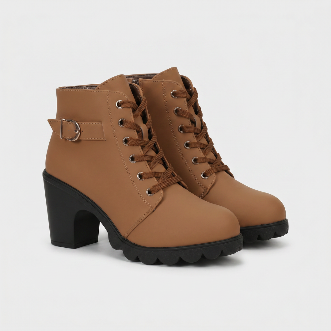 Buckloria | Women's Lace-Up Ankle Boots with Buckle Detail – Elegant Block Heel Boots 1