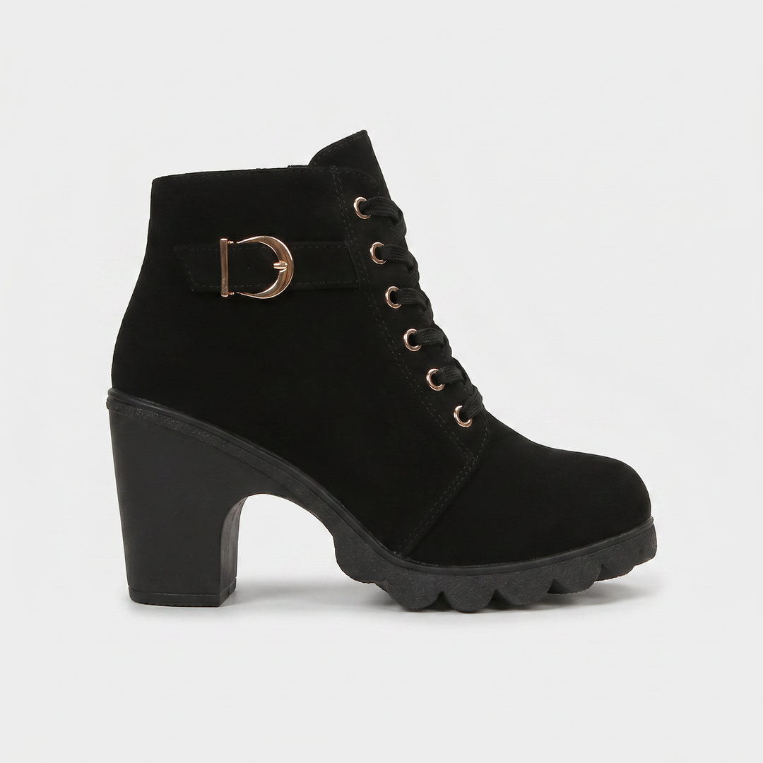 Buckloria | Women's Lace-Up Ankle Boots with Buckle Detail – Elegant Block Heel Boots 4