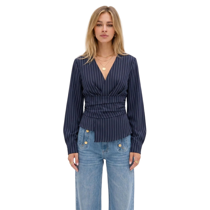 Celine | Women’s Pinstripe Wrap Blouse