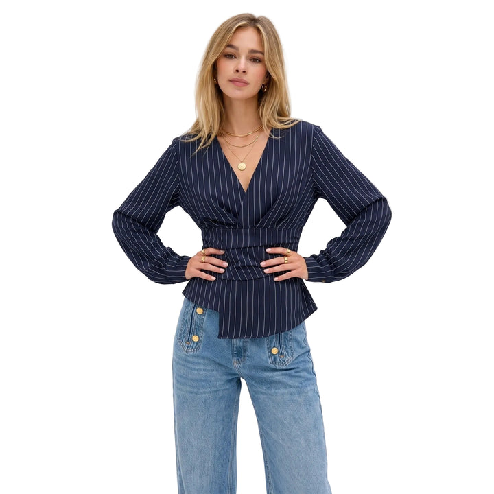 Celine | Women’s Pinstripe Wrap Blouse