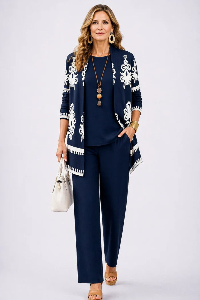 Marovella | Women's Elegant 3-Piece Cardigan, Top & Wide-Leg Trouser Set 7