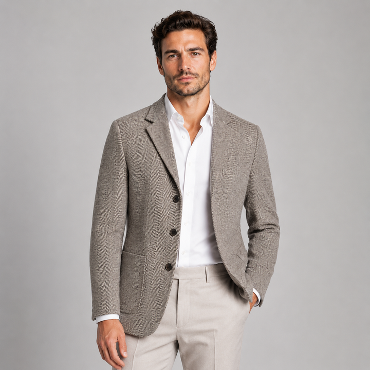 Corvellan | Men’s Tailored Herringbone Three-Button Blazer