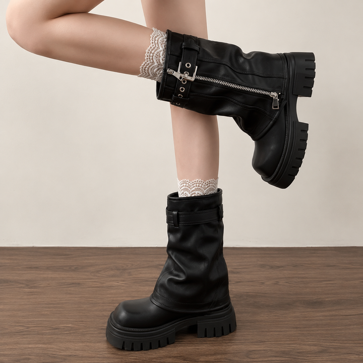 Vantessa | Women's Buckle Platform Mid-Calf Biker Boots 3