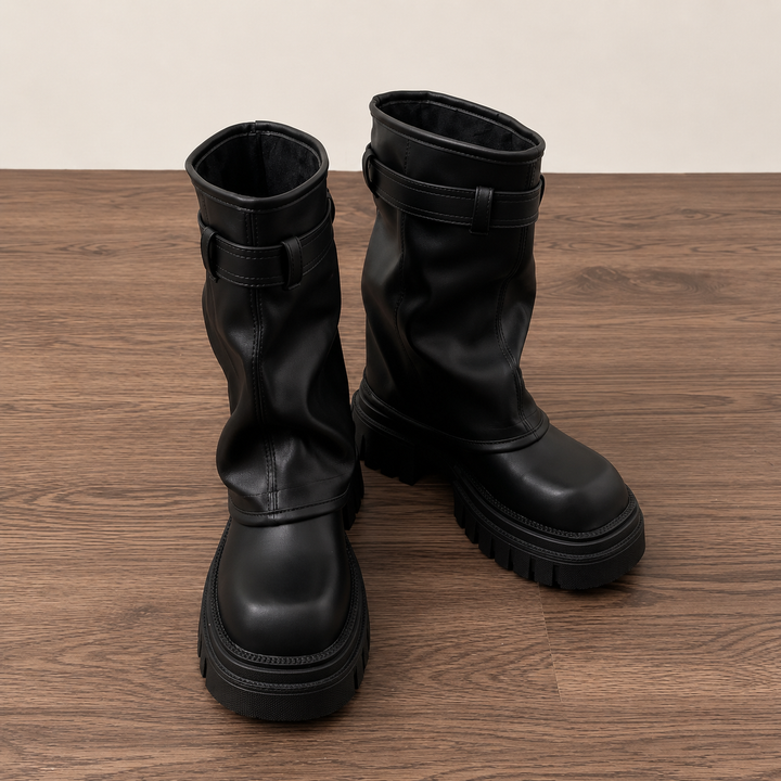 Vantessa | Women's Buckle Platform Mid-Calf Biker Boots 2