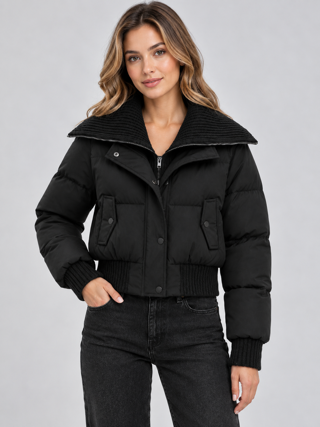 Norielle | Women’s Cropped Quilted Puffer Jacket with Knitted Collar
