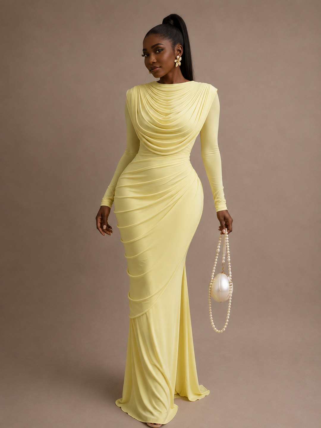 Velarosa | Women's Elegant Draped Collar Mesh Bodycon Midi Dress 4