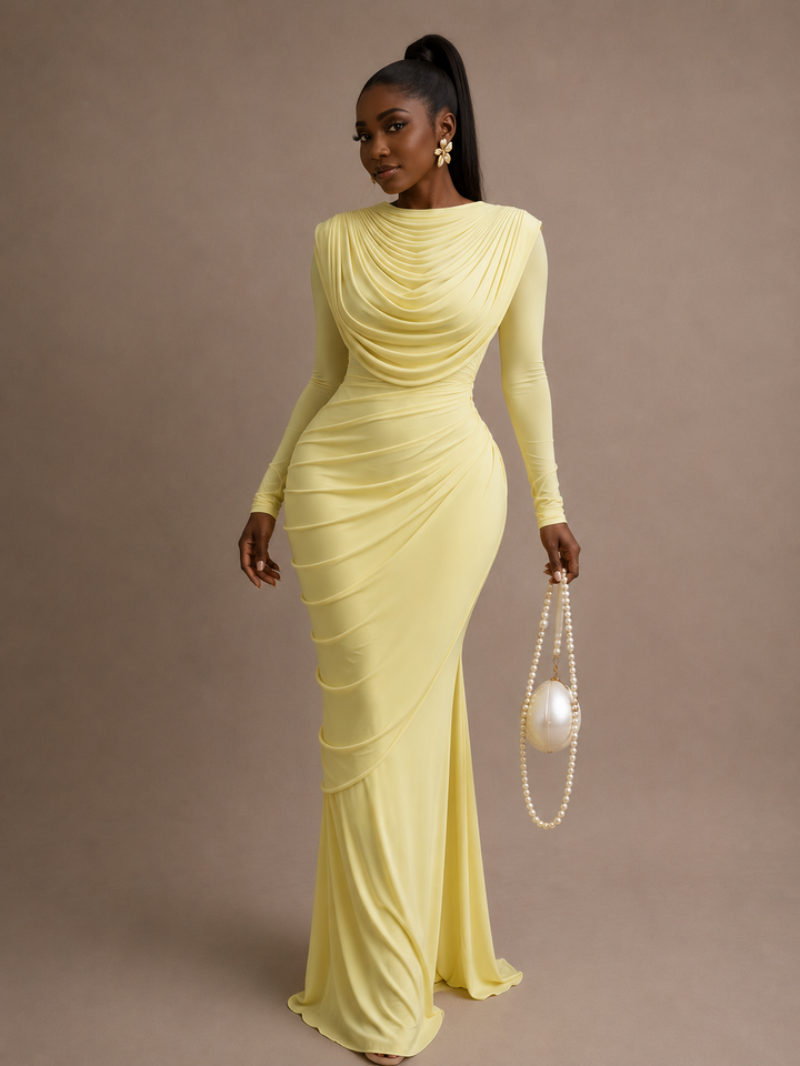 Velarosa | Women's Elegant Draped Collar Mesh Bodycon Midi Dress 4