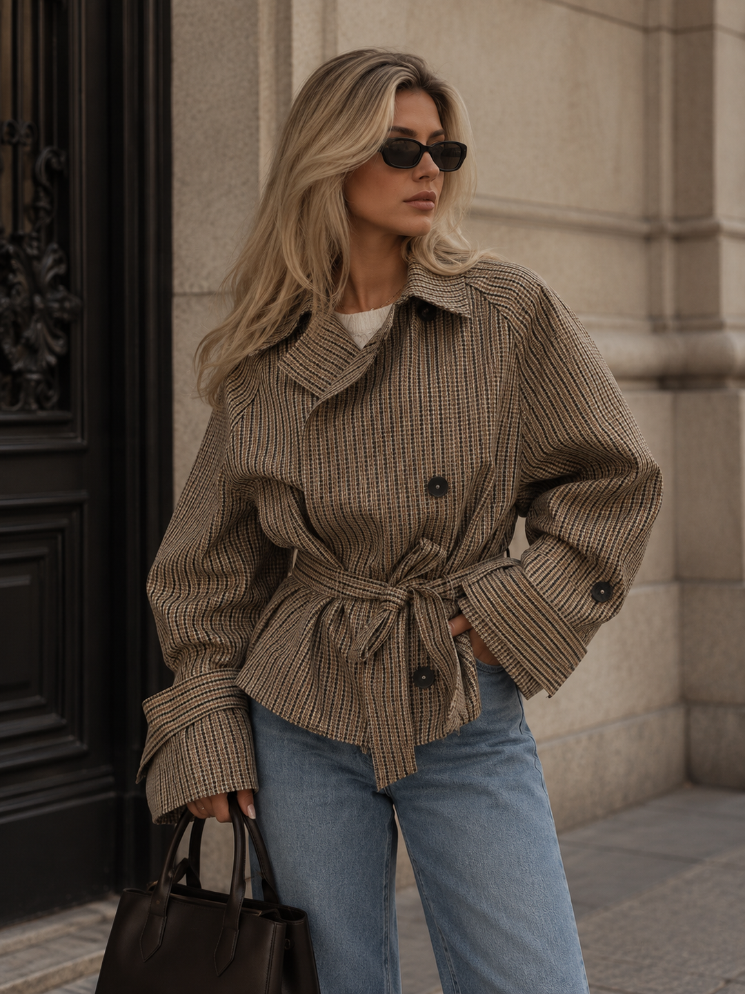 Bravellea | Women's Brown Plaid Double-Breasted Short Trench Coat 1