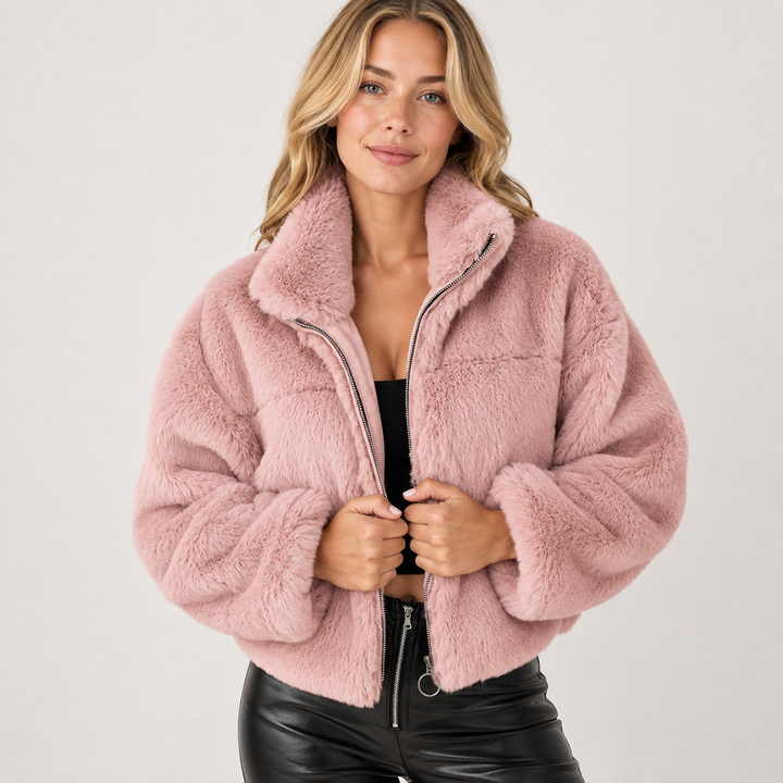 Elvoria | Women's Cropped Faux Fur Zip-Up Jacket