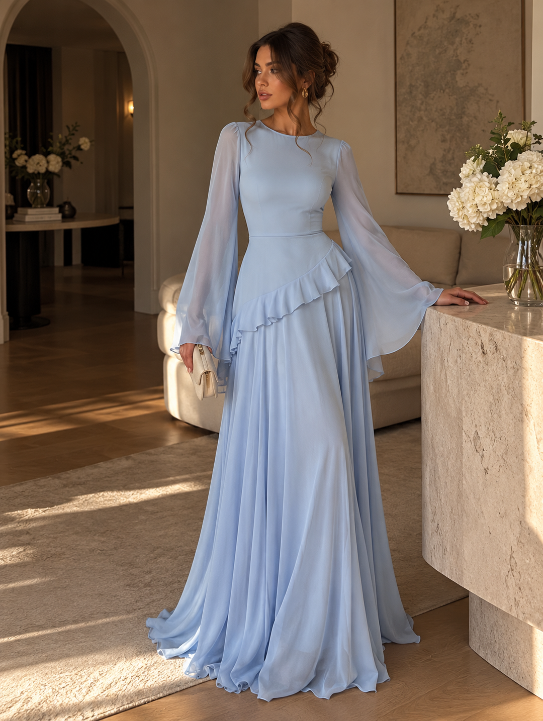 Aurelorae | Women's Elegant Tiered Bell Sleeve Maxi Dress 11