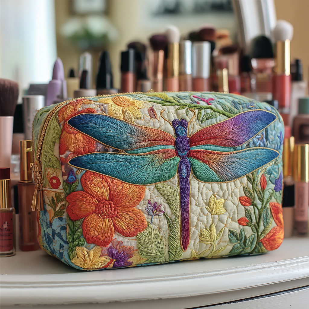 Auraflora | Handmade Quilted Dragonfly Embroidered Cosmetic Bag – Padded Makeup & Travel Organiser 1