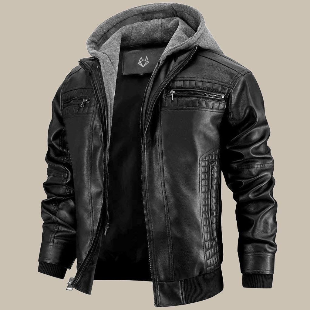 Varexton | Men’s Hooded Faux Leather Jacket with Zip Pockets