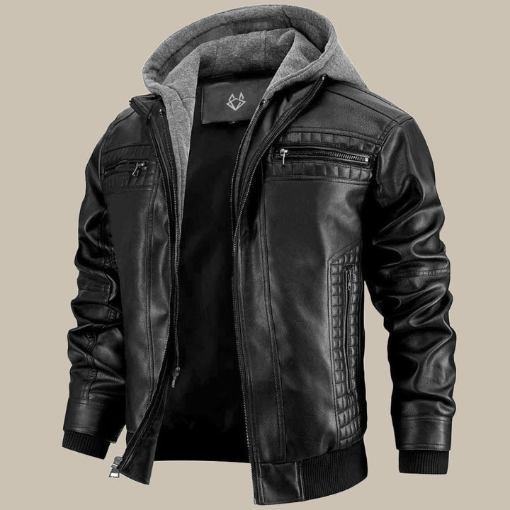 Varexton | Men’s Hooded Faux Leather Jacket with Zip Pockets