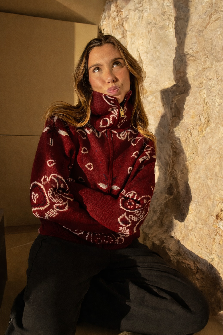 Paisvienne | Women's Oversized Paisley Print Zip-Up Knit Cardigan 1