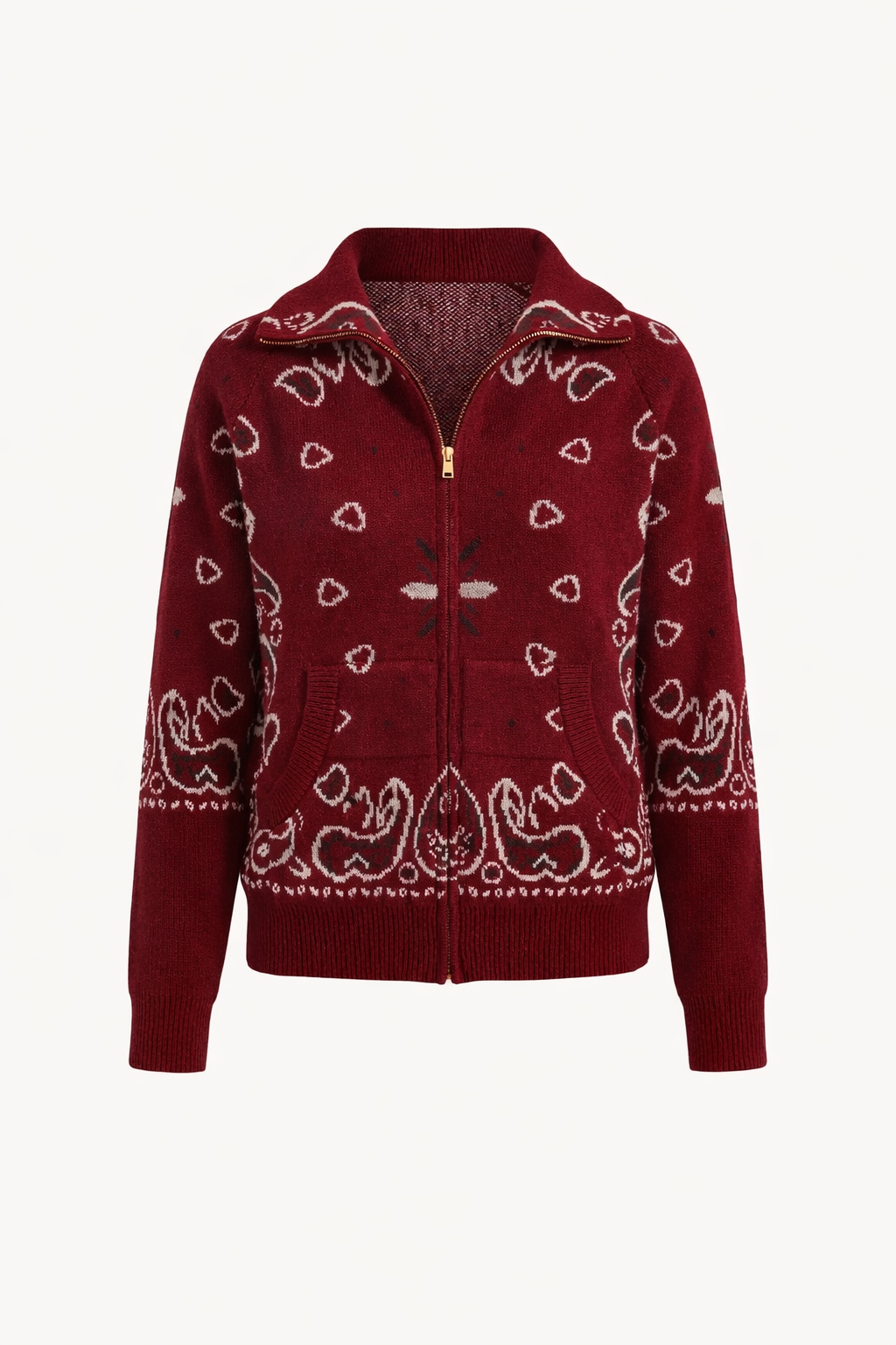 Paisvienne | Women's Oversized Paisley Print Zip-Up Knit Cardigan 14