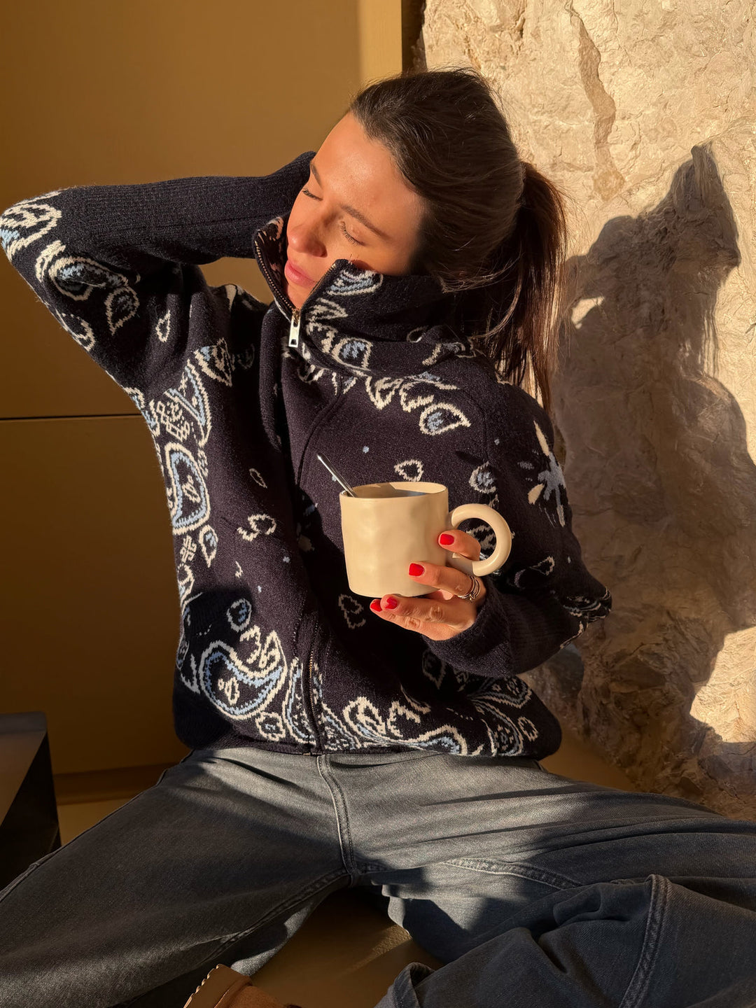 Paisvienne | Women's Oversized Paisley Print Zip-Up Knit Cardigan 12