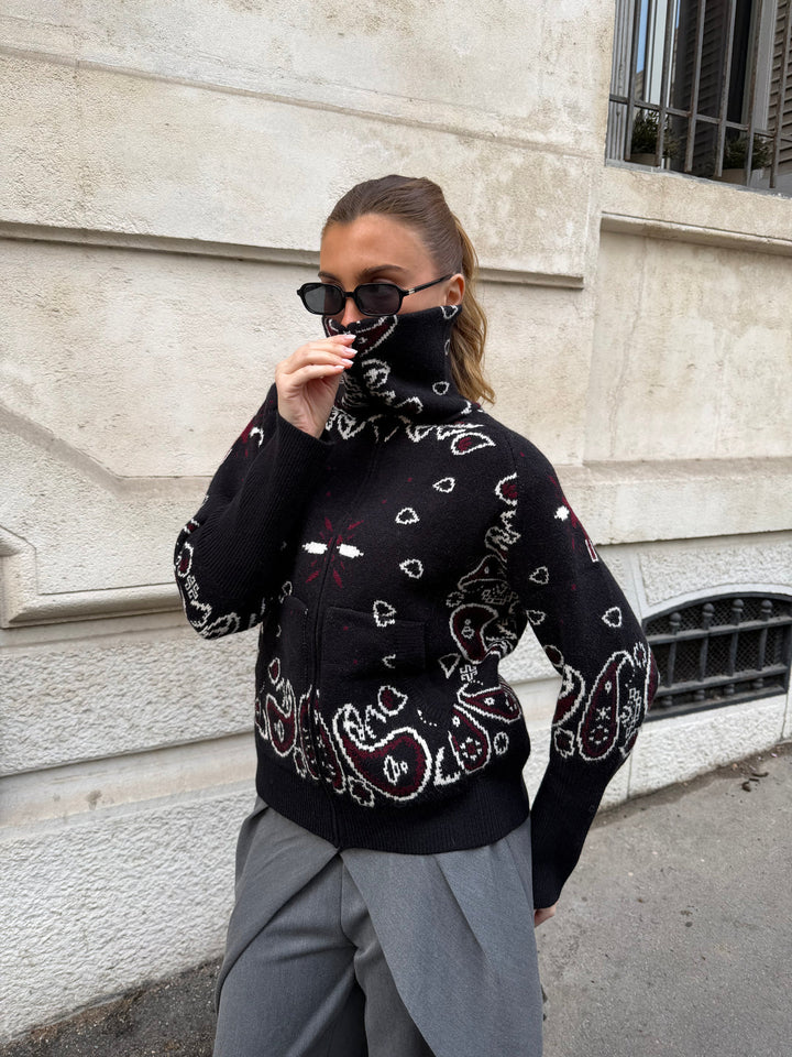 Paisvienne | Women's Oversized Paisley Print Zip-Up Knit Cardigan 6