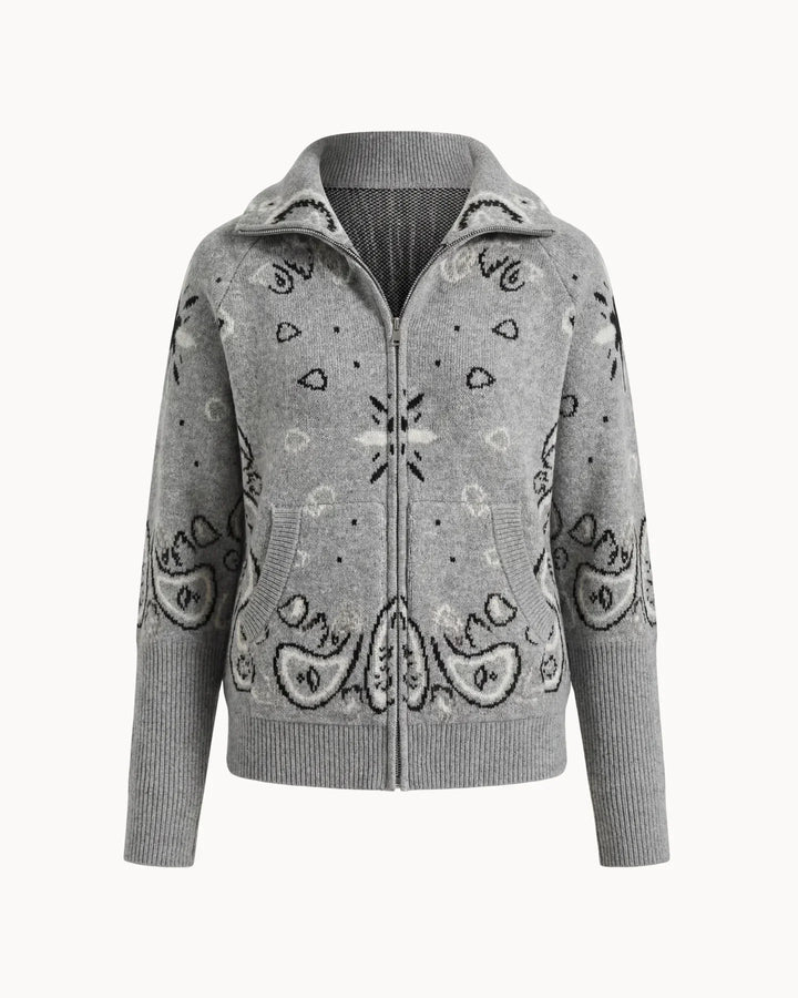 Paisvienne | Women's Oversized Paisley Print Zip-Up Knit Cardigan 15
