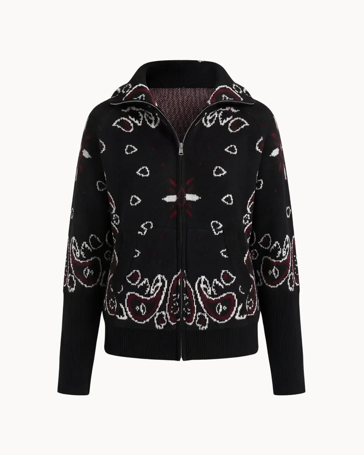 Paisvienne | Women's Oversized Paisley Print Zip-Up Knit Cardigan 16