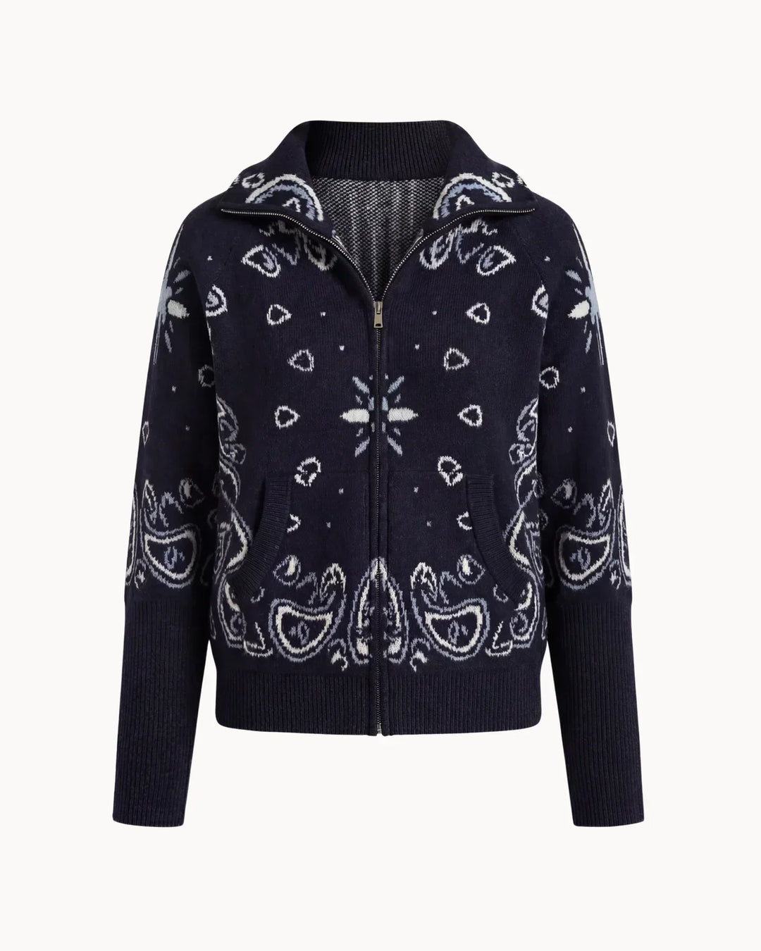 Paisvienne | Women's Oversized Paisley Print Zip-Up Knit Cardigan 17