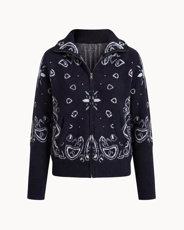 Paisvienne | Women's Oversized Paisley Print Zip-Up Knit Cardigan 17