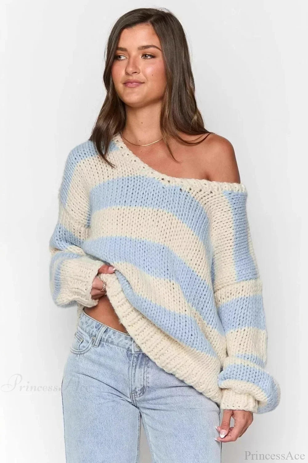 Oravellea | Women's Oversized Striped Off-the-Shoulder Chunky Knit Sweater 8