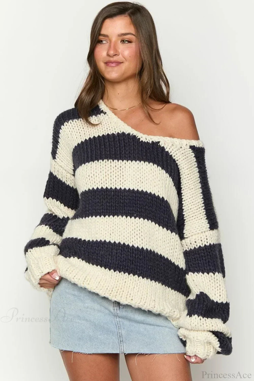 Oravellea | Women's Oversized Striped Off-the-Shoulder Chunky Knit Sweater 5