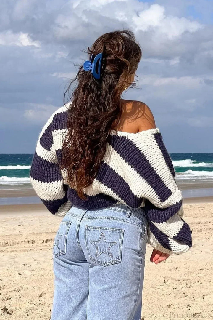 Oravellea | Women's Oversized Striped Off-the-Shoulder Chunky Knit Sweater 4