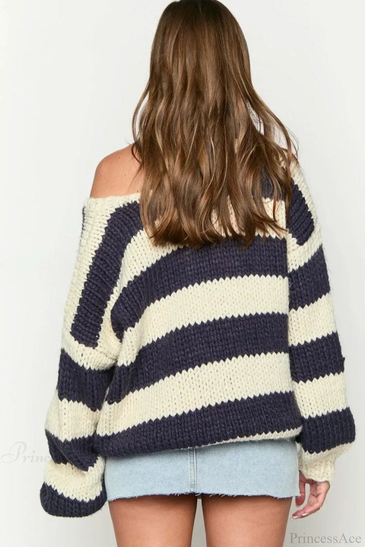Oravellea | Women's Oversized Striped Off-the-Shoulder Chunky Knit Sweater 6