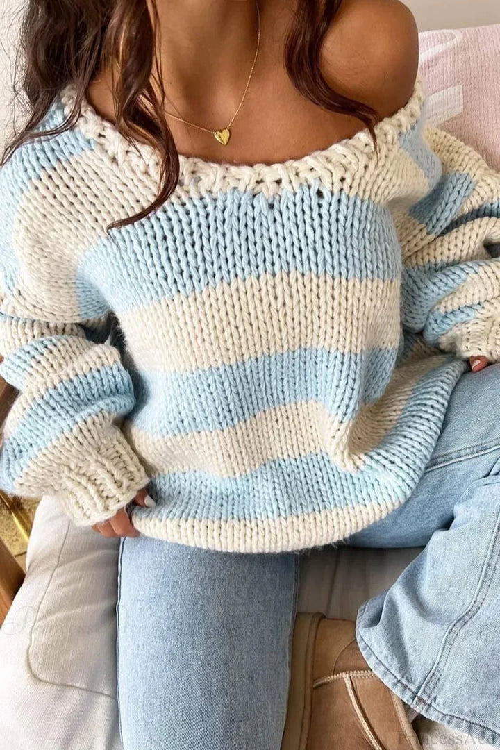 Oravellea | Women's Oversized Striped Off-the-Shoulder Chunky Knit Sweater 2