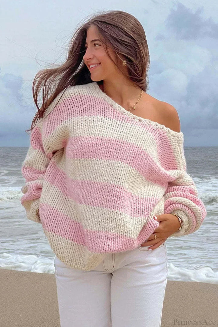 Oravellea | Women's Oversized Striped Off-the-Shoulder Chunky Knit Sweater 3