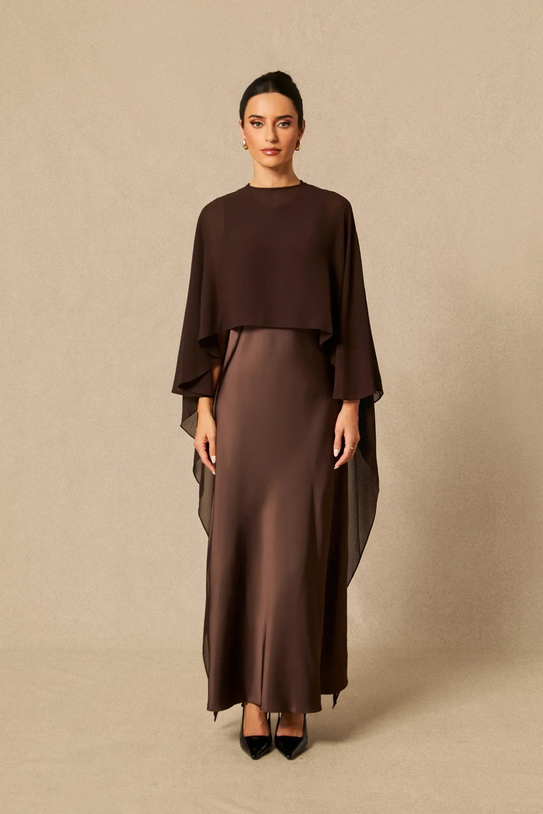 Auralisse | Women's Elegant Batwing Cape Satin-Effect Maxi Dress 6