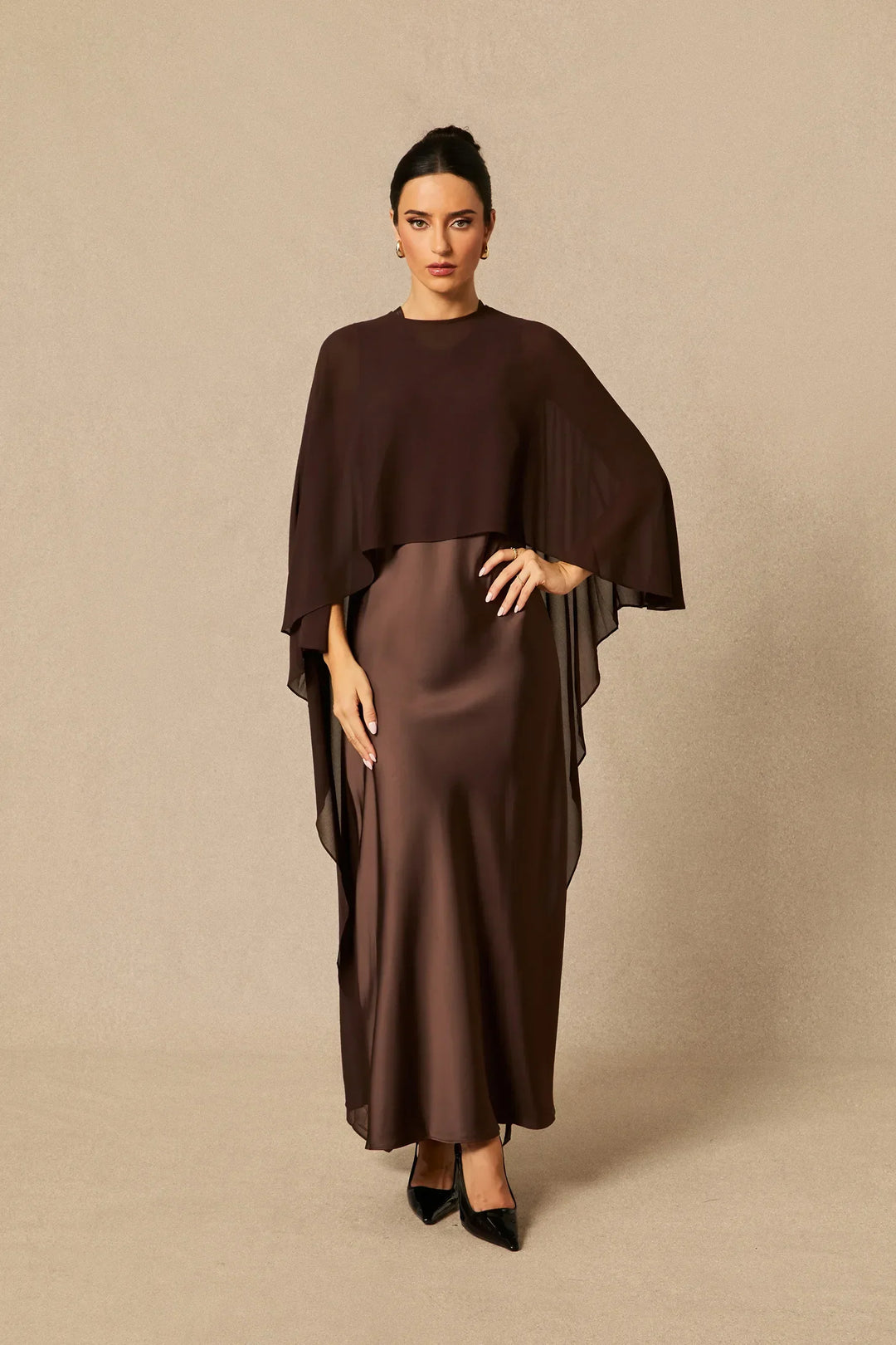 Auralisse | Women's Elegant Batwing Cape Satin-Effect Maxi Dress 16